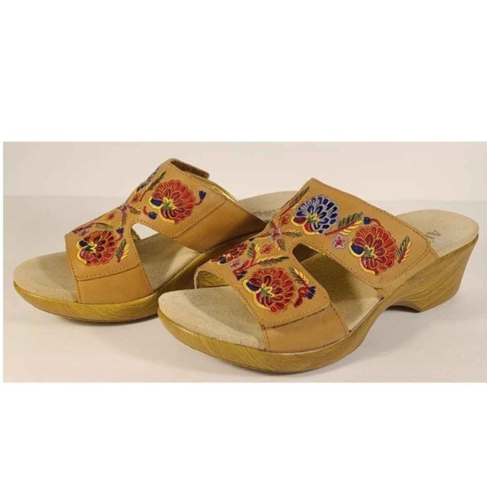 Alegria Tan Wedge Sandals with Colorful Floral Embroidery